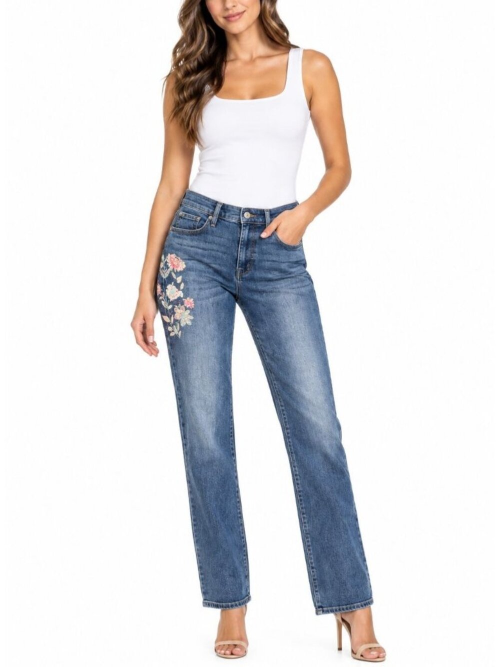 Lucky Brand Womens Boho Floral Embroidered Jeans Size 8/29 Blue Straight Leg